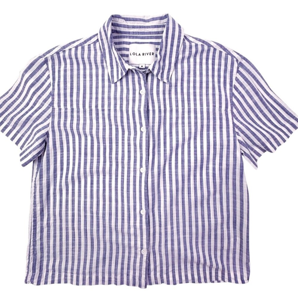 Lola River Blue Awning Stripe Cropped Cotton Button Shirt Coastal Nautical M